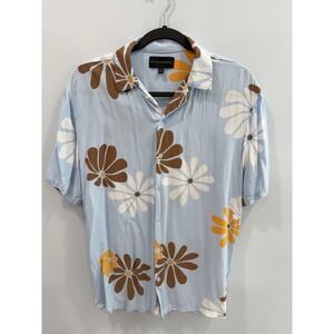 No Boundaries Floral Resort Shirt Mens Medium Blue Daisy Rayon Button Front